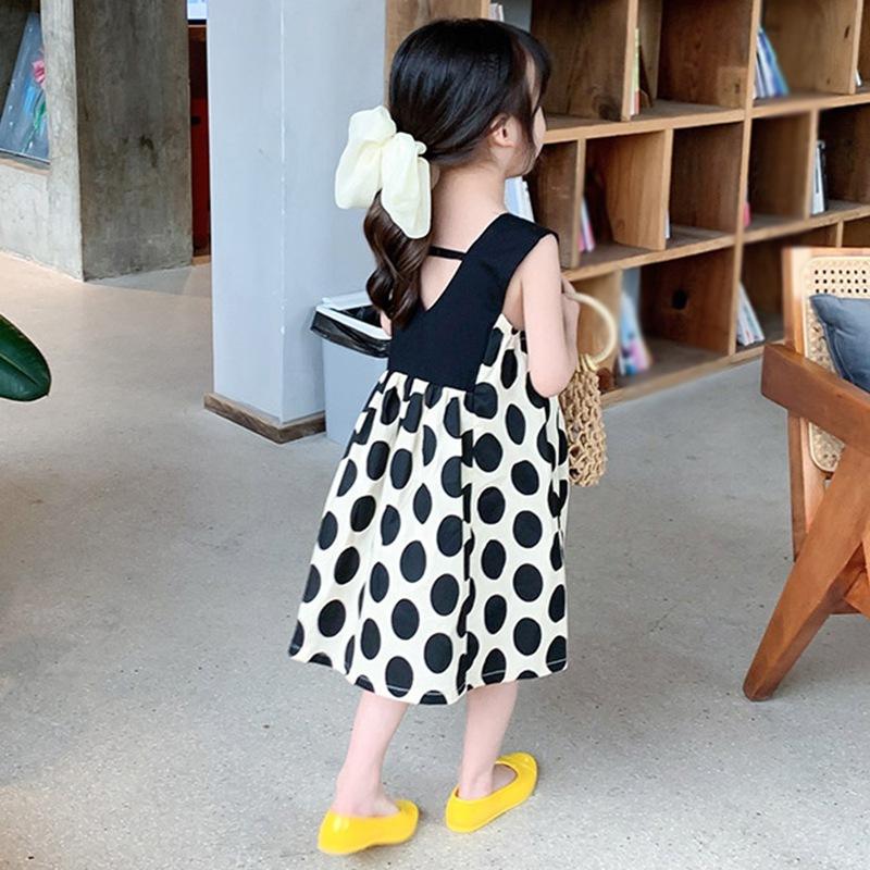 Summer Girl Polka Dot Print Waist Puff Dress Girls Sleeveless Dress
