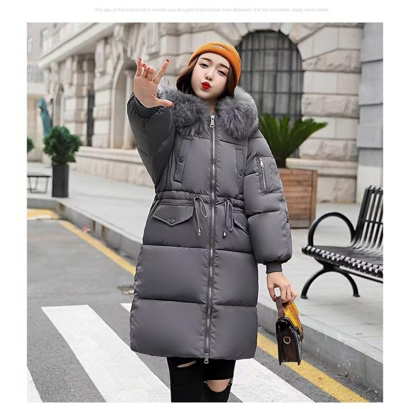 

талия новая длинная хлопковая одежда женская одежда утолщенная пуховая хлопковая одежда куртка с большим меховым воротником хлопковая куртка женская XXXL серый