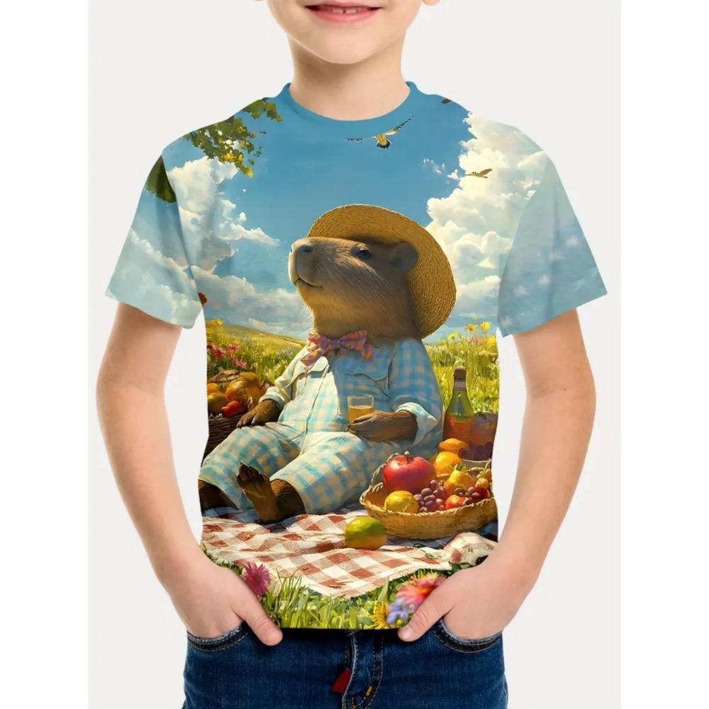 Adorable Capybara Boy Cartoon Print Short Sleeve T-Shirt for Boys, Loose-Fit Summer Top, Fashionable Kids' Clothing, Boys' Apparel