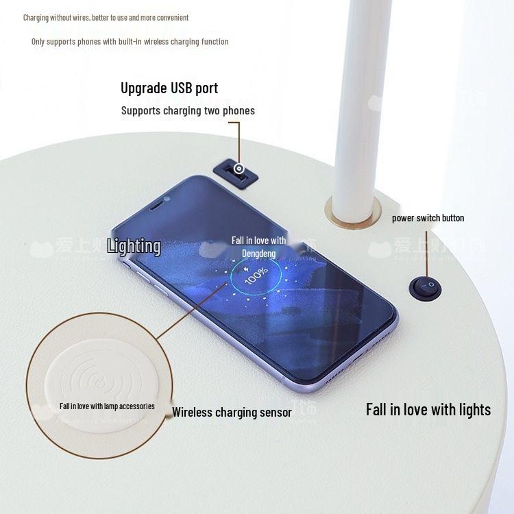 Elegant Cream Floor Lamp with Table and Storage - Perfect for Bedroom or Living Room Décor.