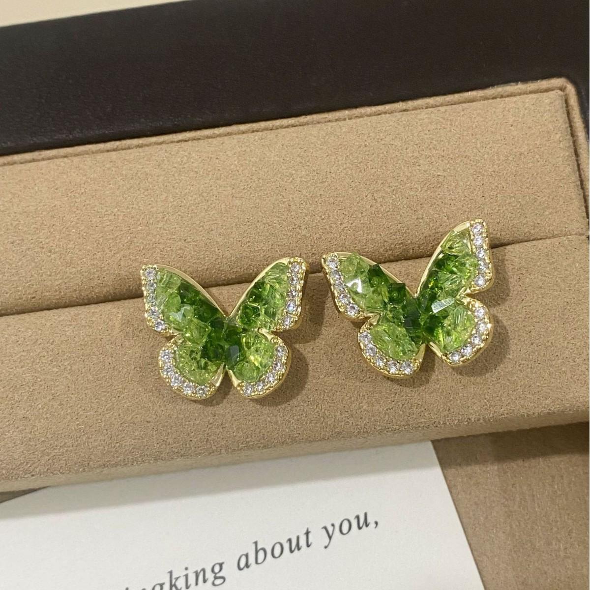 Exquisite Summer Green Crystal Butterfly Stud Earrings - Fresh, Fashionable, and Versatile High-End Jewelry