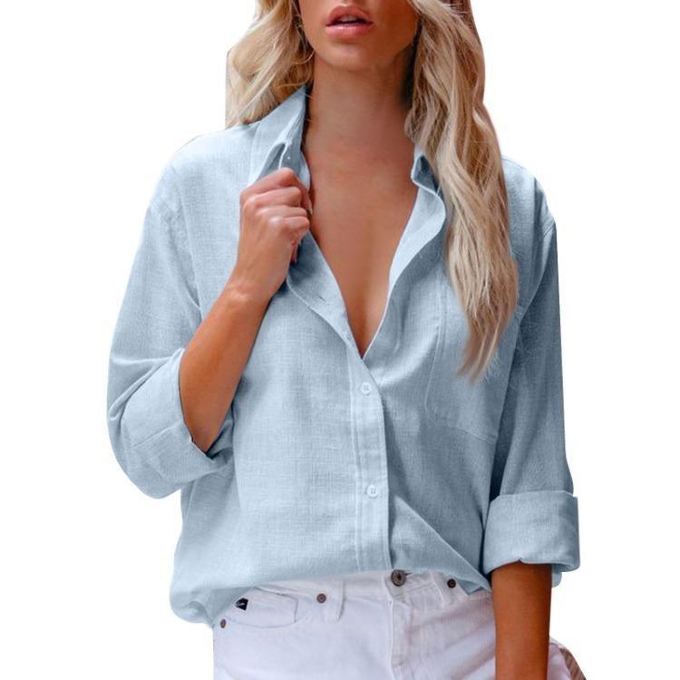 Classic Lapel Blouse Long Sleeve Button Shirt Women's Cotton Linen