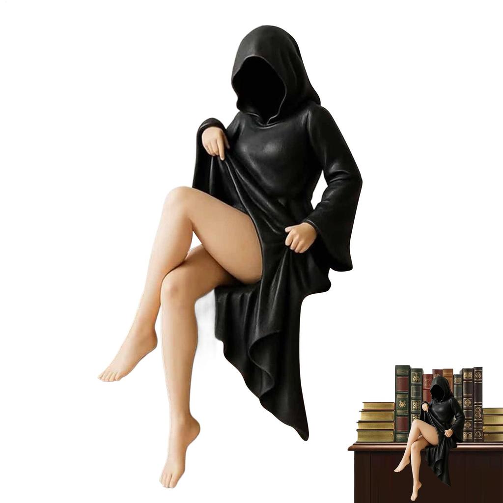 3D Handmade Resin Death Black Robe Statue Gothic Sitting Women Mysterious Statue Ornaments Decorations Tabletop Figurine
