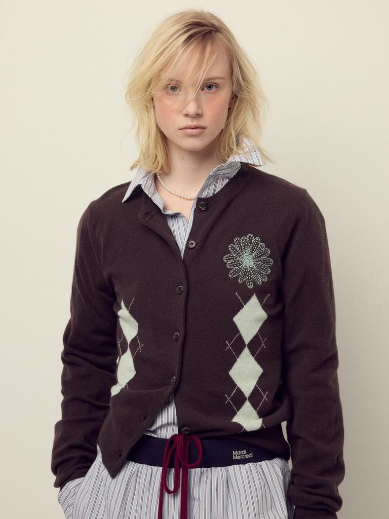 [mardimercredi] Cashmere Blended Cardigan Round Neck Argyle_Brown Mint