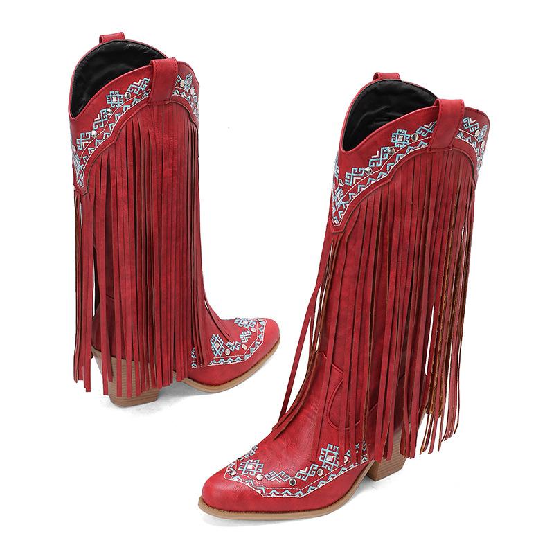 Elegant Embroidery Ethnic Style Fringed Boots Pointed Rhinestone Tall Casual Boots Thick High Heel Boots 40-48 Large Size