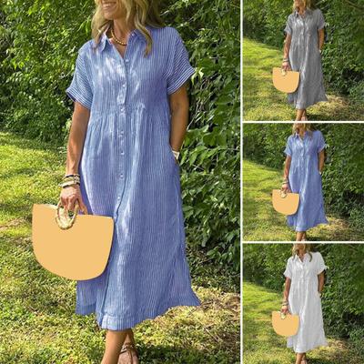 Vestido Camisa Listrado com Lapela e Botões com Bolsos Verão Casual Manga Curta A-line Longo Solto Praia para Mulheres