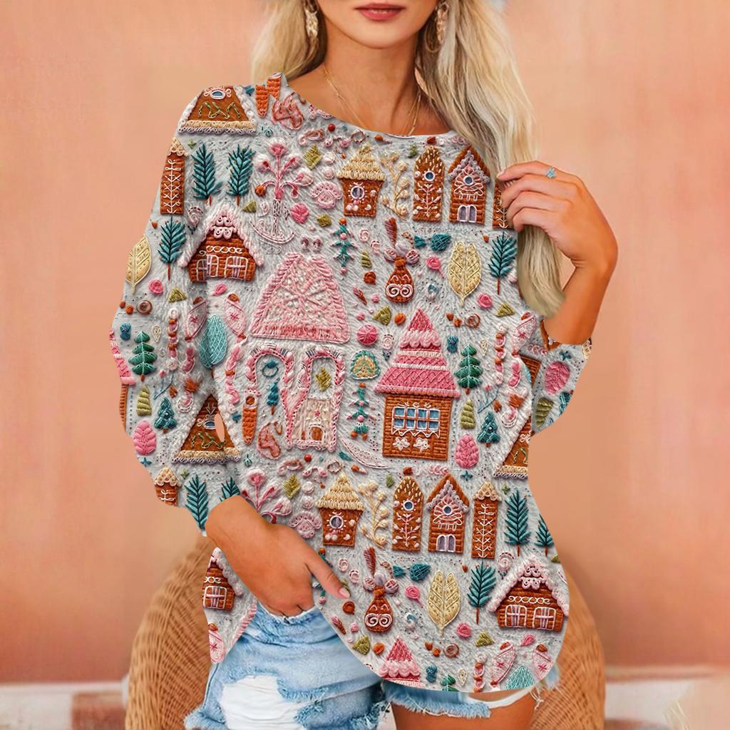 Dame T-skjorte Flanelltrykk Tunika Langermet Fest Rund Hals Topper