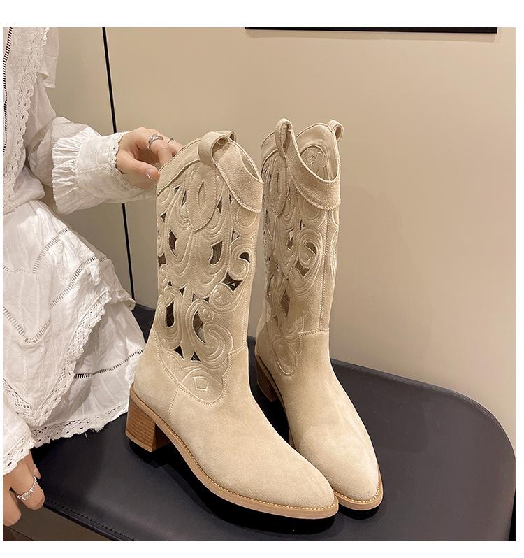 Women Mid-calf Boots Handmade Retro Western Cowboy Boots Casual Sneakers Riding Shoes Pointed Toe Chunky Heel Hollow Boots