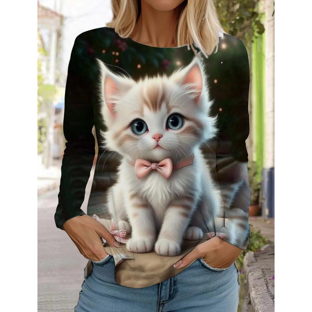 Söt Katt 3D Digitaltryckt Personlig Trendig Rundhalsad Långärmad T-shirt för Kvinnor
