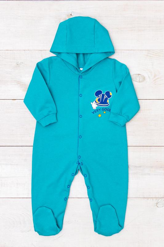 

Baby Boys Hooded Cotton Romper – Warm Interior & Closed Feet Design, Demi-Season, 5001-023-33-4-1 HC 62 бірюзовий