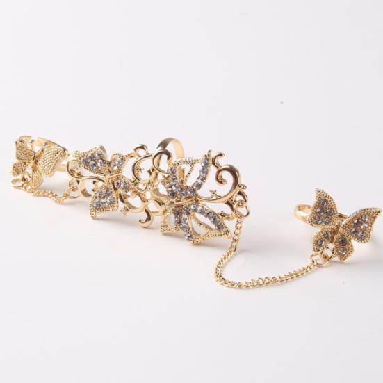 Fashion Rhinestone Hollowed Butterfly Link Finger Ring Adjustable Women Jewelry
