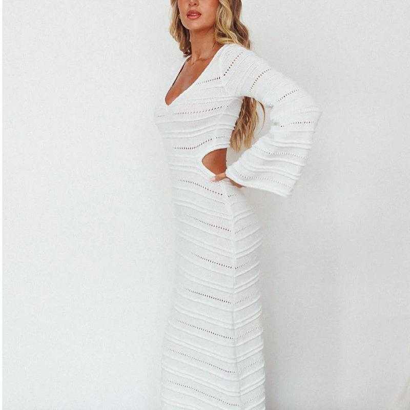 

2025 Spring Sexy Hollow-Out Knit Dress - European & American Women s Long-Sleeve Style L білий