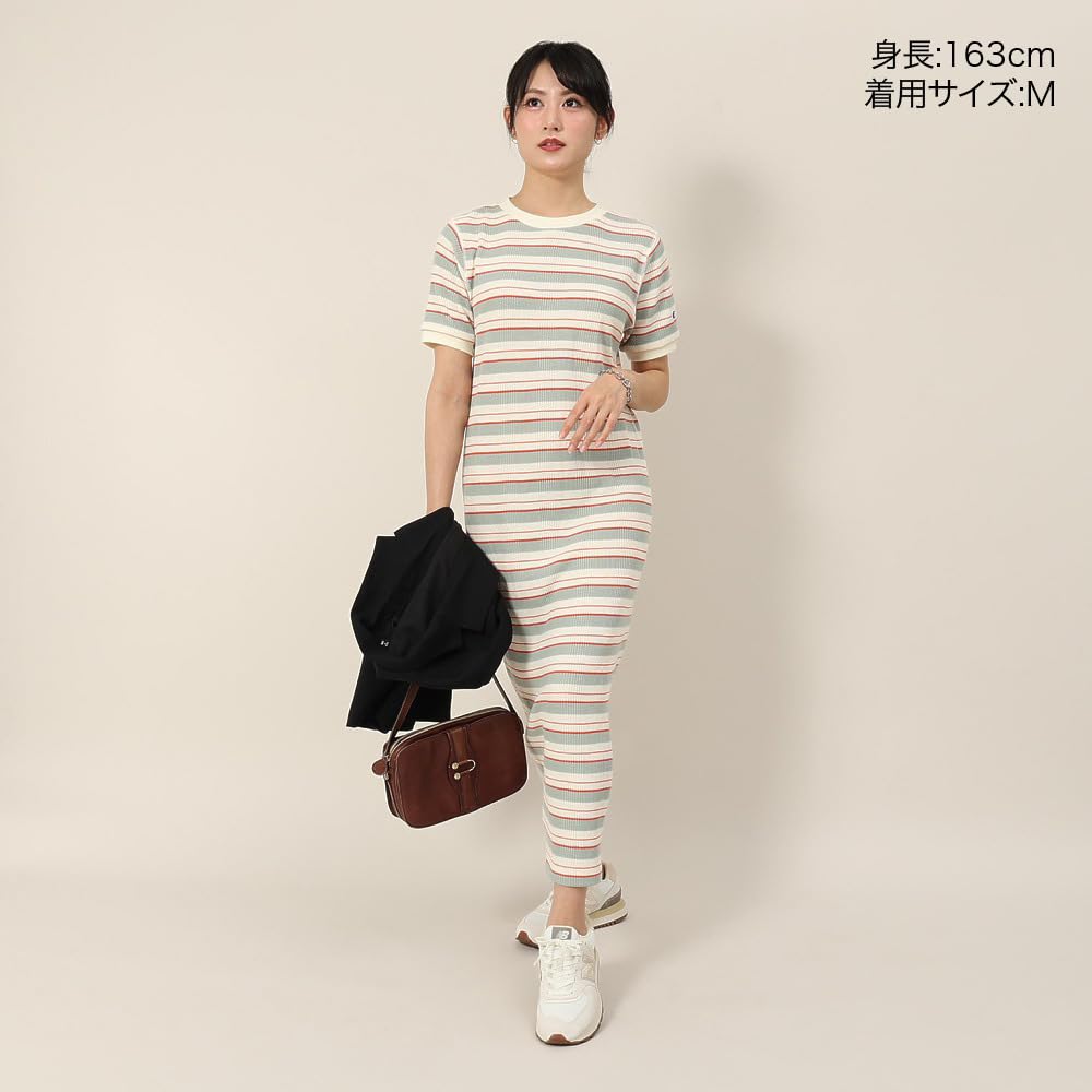 Champion Casual Short Sleeve Cotton USA Crew Neck Garment Wash Striped Dress In Natural Women's (CW-B309)