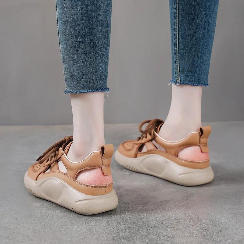 Fashion 3.5CM Platform Sandals Women New Summer Round Toe Shoes Lace-Up Genuine Leather Thick Bottom Lightweight Casual Sneakers Sandals