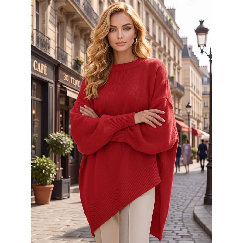 Womens Loose Fit Pullover Sweater Solid Color Long Sleeve Round Neck Knit Top Fall 2025