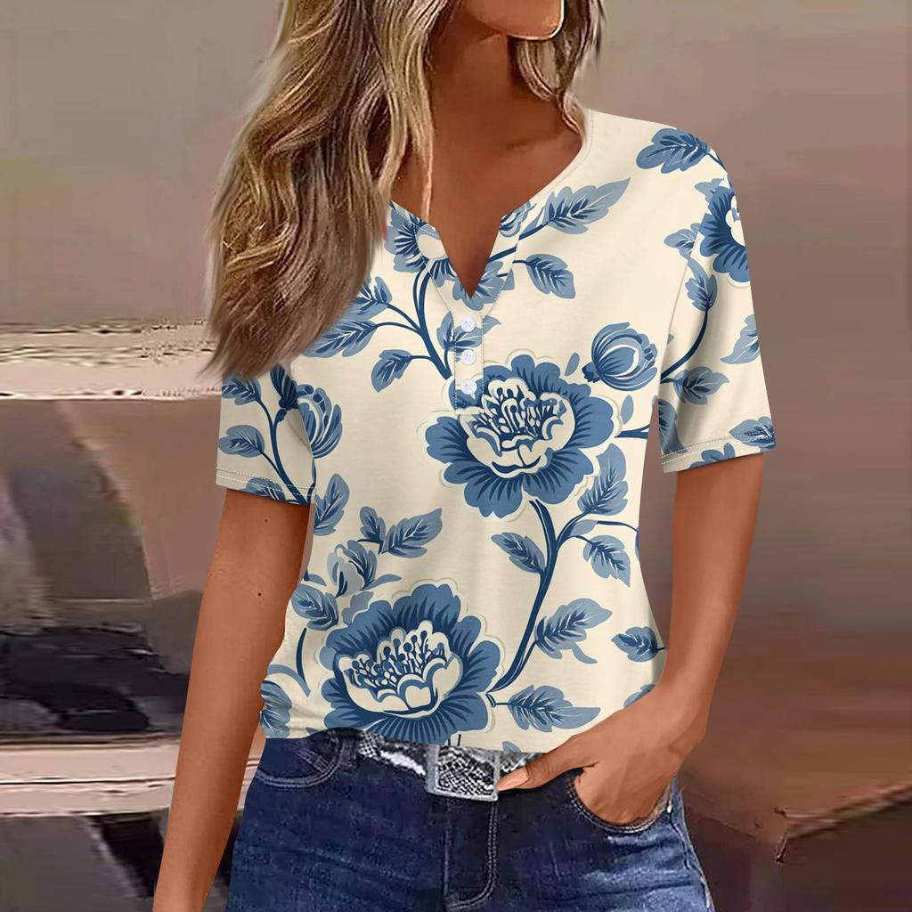 Women's T Shirt Tee Print Button Short Sleeve Daily Weekend Fashion Basic V- Neck Regular Top