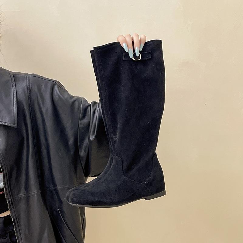 

Piaohong inner height increase European and American style round head pleated high boots 2025 autumn and winter medium tube versatile stacking boots 35 чёрный