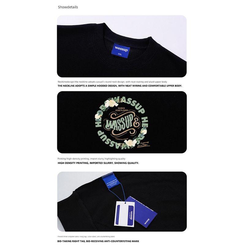 Wassup Rose Circle Letter Trendy Brand Crew Neck Sweatshirt for Men, New Heavyweight Pullover Top for Couples in Spring and Autumn