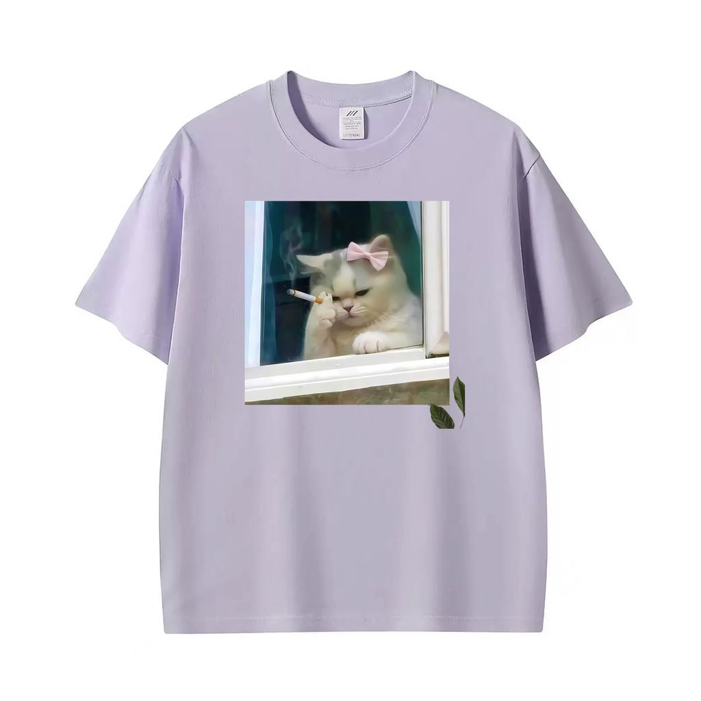 Funny Ironic Stressed Cat Meme Coquette Persian Smoking Humor Tshirt Unisex Unisex Fashion Short Sleeve High Quality Cotton T Shirt