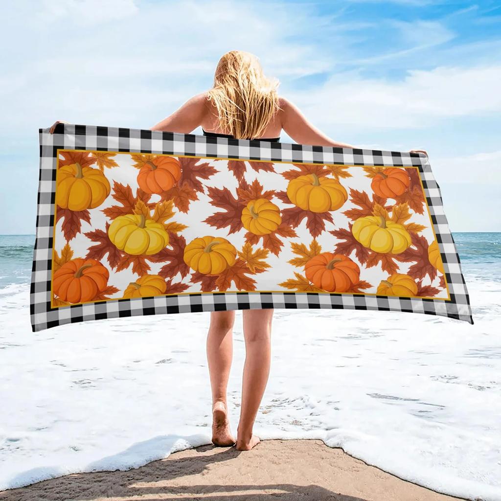 Herbstkürbis Ahornblätter Druck Strandtuch Saugfähig Schnelltrocknend Badetuch Superweiche Stranddecke Reisetuch für Schwimmen Fitnessstudio