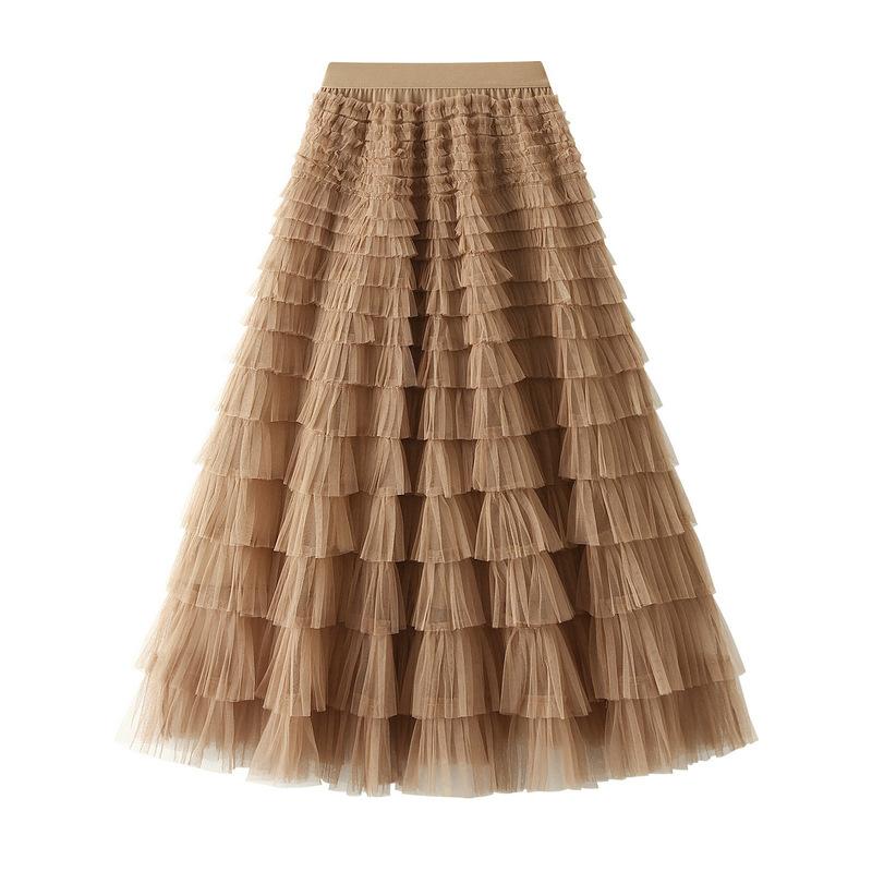 Women's Sweet Black White Tutu Skirts Tulle Cake Long Skirt Women Spring Summer Ruffle Pleated A-Line Chic Skirt