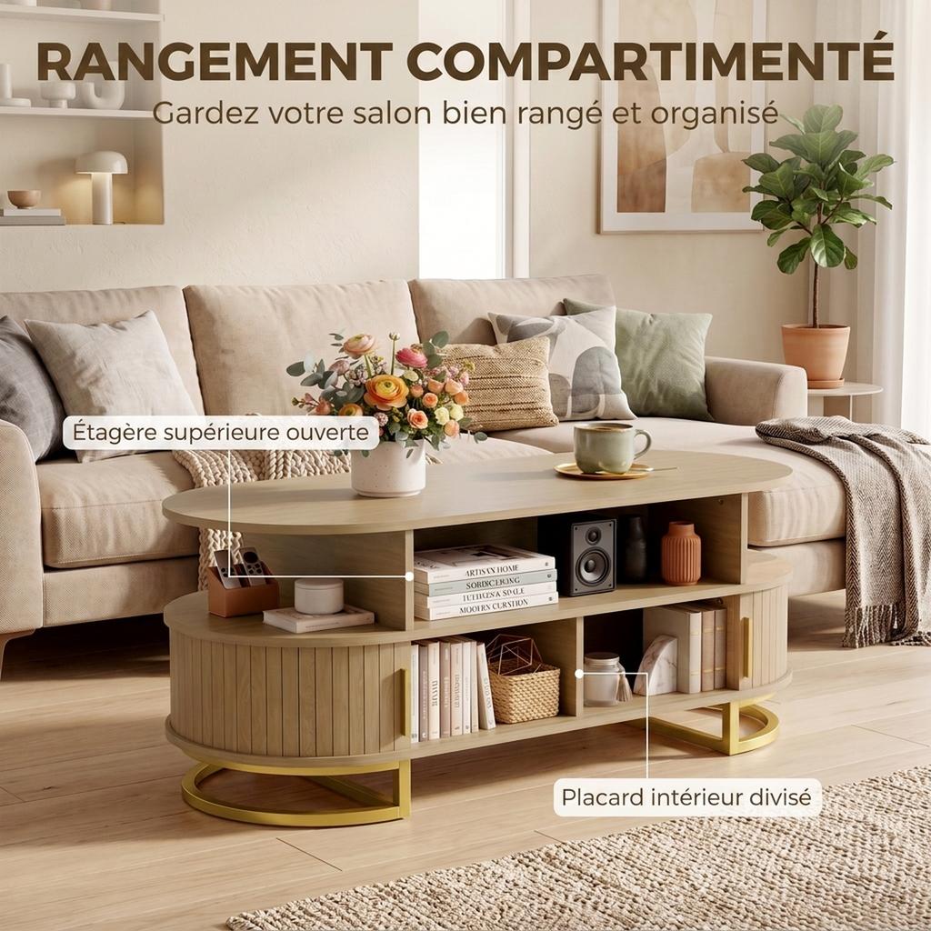 Oval Coffee Table, Sliding Drum Doors, Closed Storage, Open Shelves, Oak