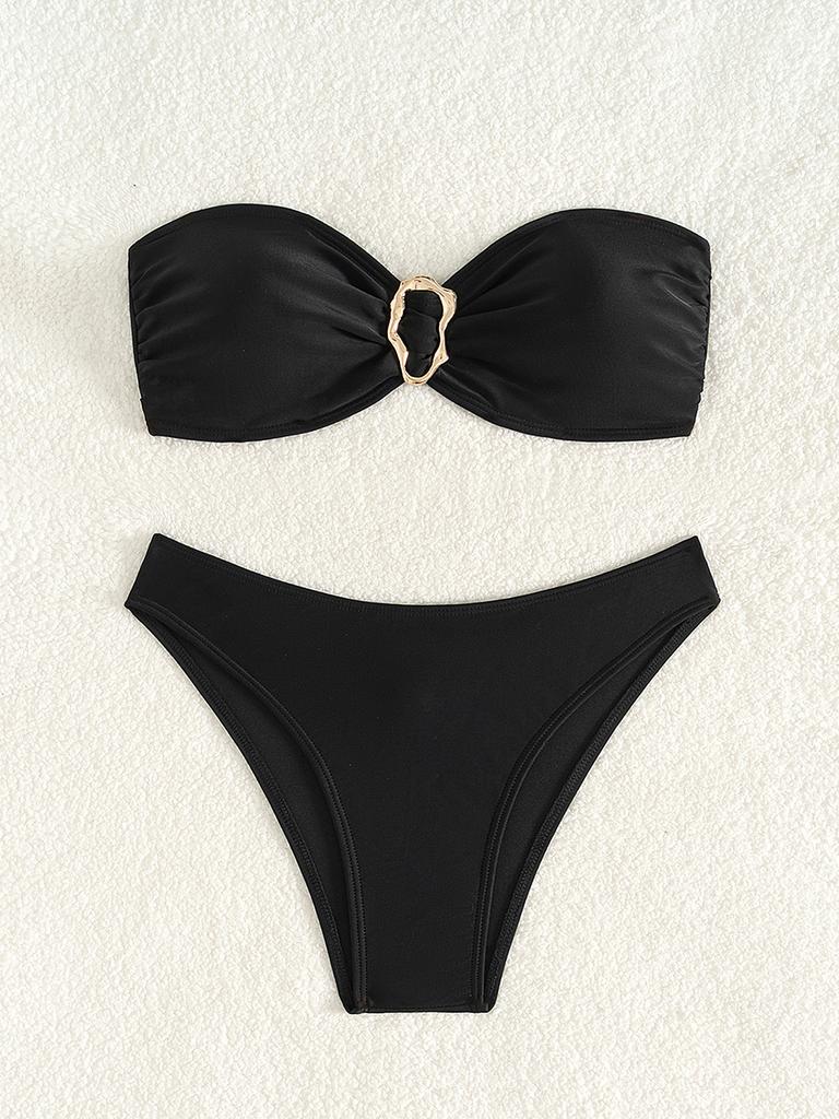 Solid Color Strapless Bandeau Sexy Split Bikini Swimsuit Women's Swimwear