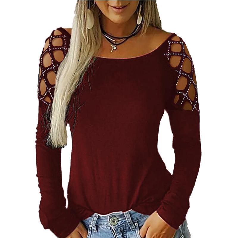 Women S Long Sleeve T Shirt With Rhinestone Hollow Design