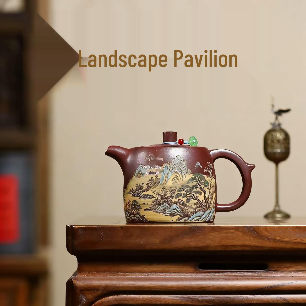 Yixing Zisha Teapot - Semi-Handmade Red Clay Landscape Pavilion Design with Well-Handle. 400CC