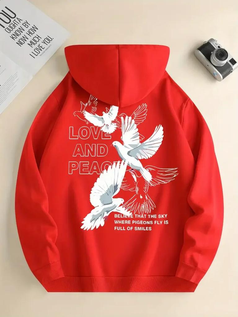 Dove Print Men Plus Size Hoodie Casual Street Cartoon Cute Animal Fashion Fleece Long-sleeve Fall Winter Sweatshirt Clothing Top