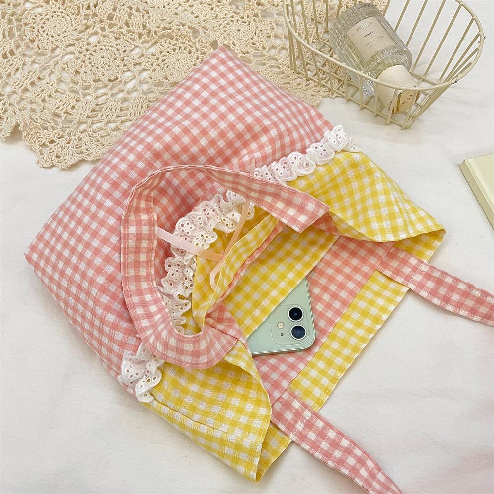 Sweet Bow Patchwork Lace Shopping Bags for Women Ctrast Color Plaid Ladies Bento Handbags Lightweight Portable Female Tote