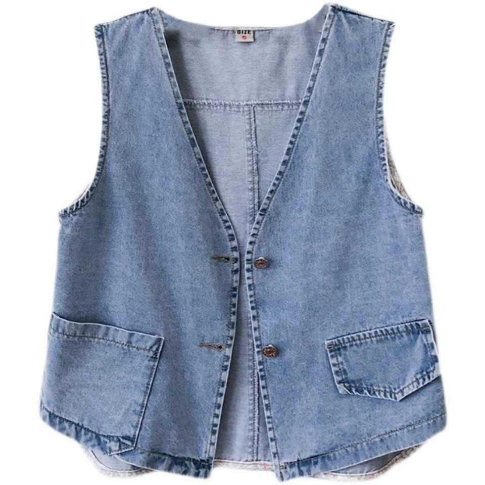 Women Jean Vests Autumn Pockets Sleeveless Streetwear Single Breasted Casual Tops Denim Vest for Women