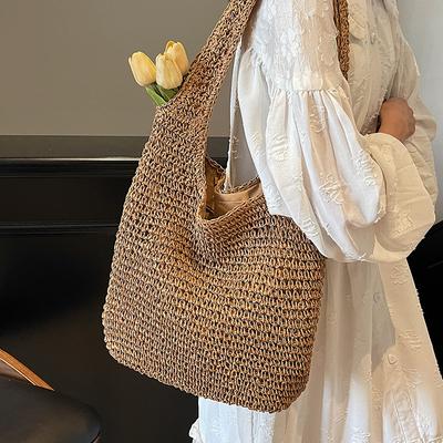 Casual Vacation Straw Woven Tote Bag Light Solid Color Shoulder Women's Bag Large Capacity Straw Woven Tote Bag