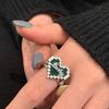 Sterling Stunning S925 Silver Deep Dark Green Mosaic Heart Open Adjustable Ring Women For
