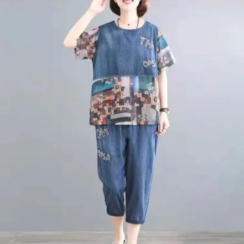 

Summer Women s Suit, Summer Short-sleeved Blouse, Two-piece Print XXXXXL синій
