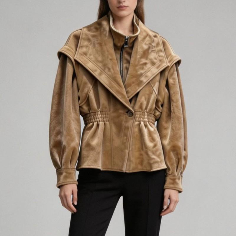 Womens Suede-Feel Stand Collar Jacket With Ruched Waist Casual Layered Look Outerwear Fall