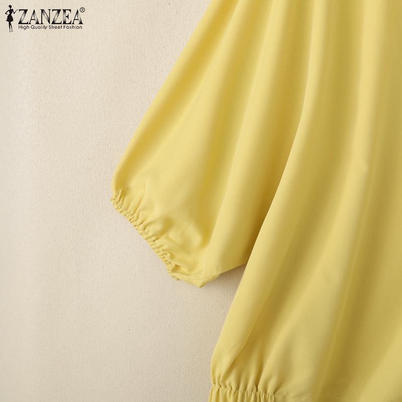 ZANZEA Damen Sommer V-Ausschnitt Unifarben 3/4 Ärmel Lässige Bluse