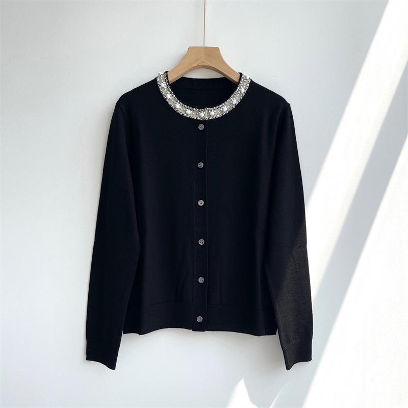 Elegant Hua Lun Single-Breasted French Wool Cardigan - Thin Solid Color, Long Sleeve, Round Neck Sweater.