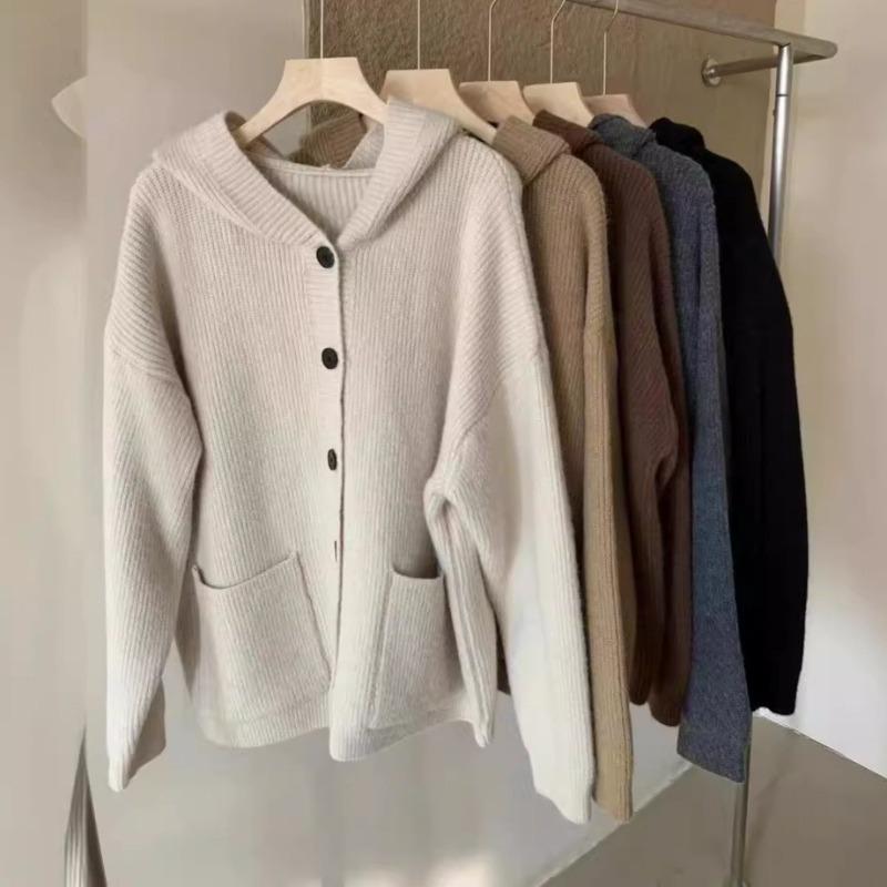 Hooded autumn and winter new single-breasted knitted cardigan fashionable versatile loose casual warm sweater jacket women