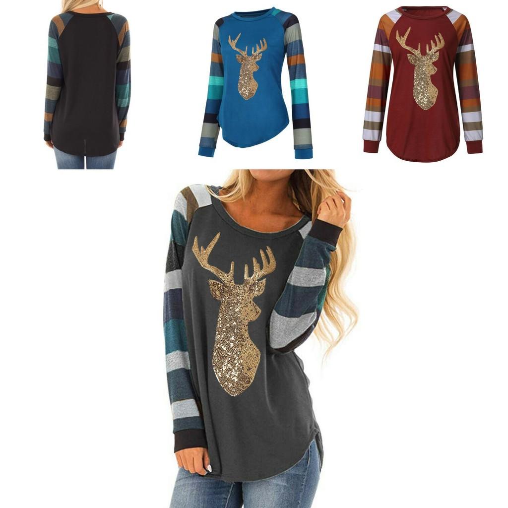 Cute Womens Christmas Blouse With Striking Stripe Pattern And Sequin Reindeer