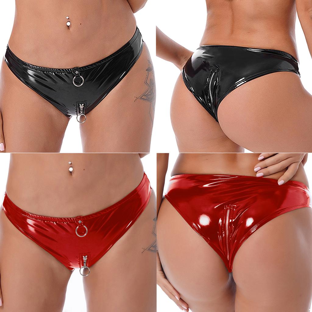 Womens Patent Leather Briefs O-Ring Zipper Crotch Low Waist Stage Costume