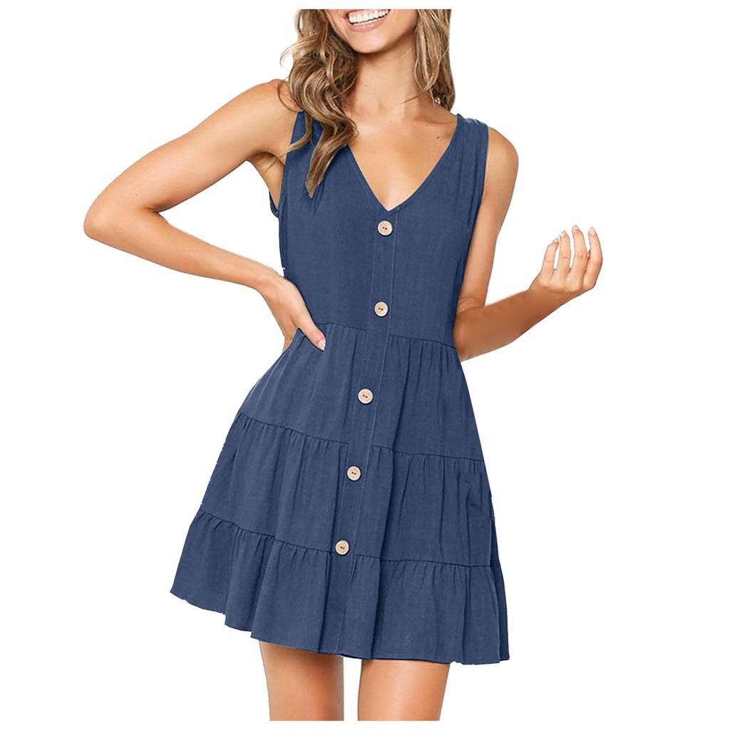 Fashion Women's Color V-neck Sleeveless Leisure Time Button Dress