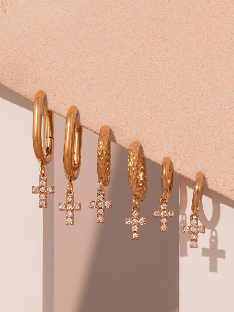 18k Gold-Plated Stainless Steel Zircon Cross Earrings – Minimalist Luxury Style