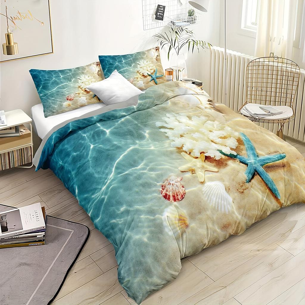 2/3pc Ocean Coastal Beach Duvet Cover, Bedding Set For Bedroom Dorm Room (1 Duvet Cover + 1/2 Pillowcase)