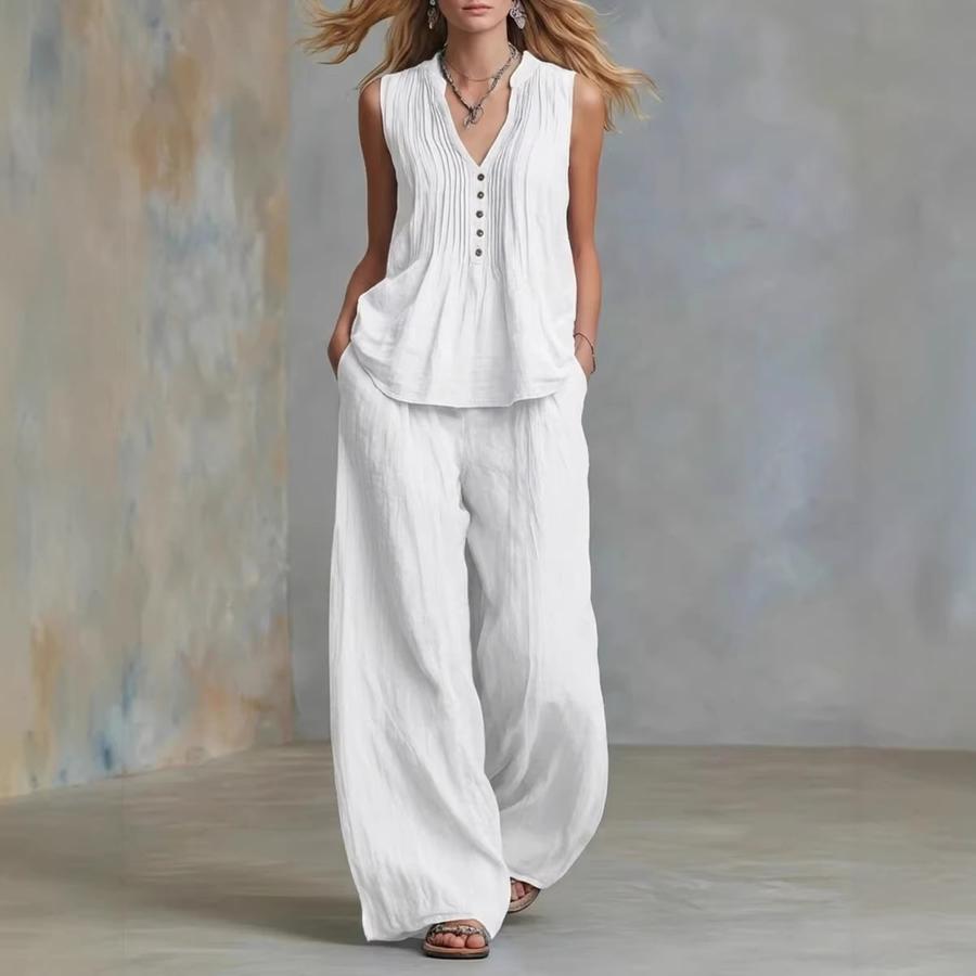 Women's Summer Casual Fashion Elegant Solid Color Sleeveless V-Neck Set