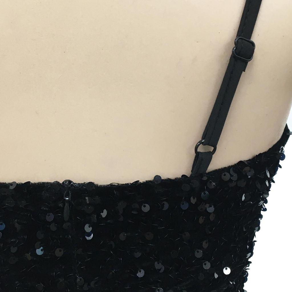 European & American Spaghetti Strap Sequin Mesh See-Through Irregular Slit Dress for Women