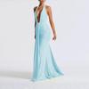 Elegant Halter Neck Deep V Waist-Cinching Long Fishtail Dress with Open Back and Flowing Ribbon