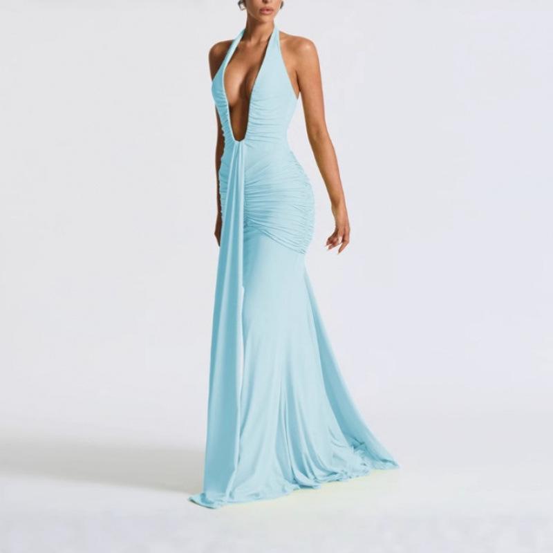 Elegant Halter Neck Deep V Waist-Cinching Long Fishtail Dress with Open Back and Flowing Ribbon