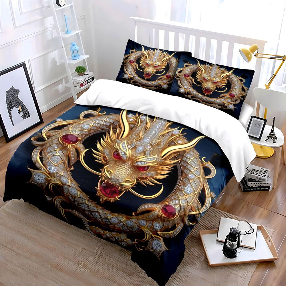 Golden Dragon Decorative Set Bedding Set with 1 Duvet Cover 2 Pillowcases Single Double King Queen Gift