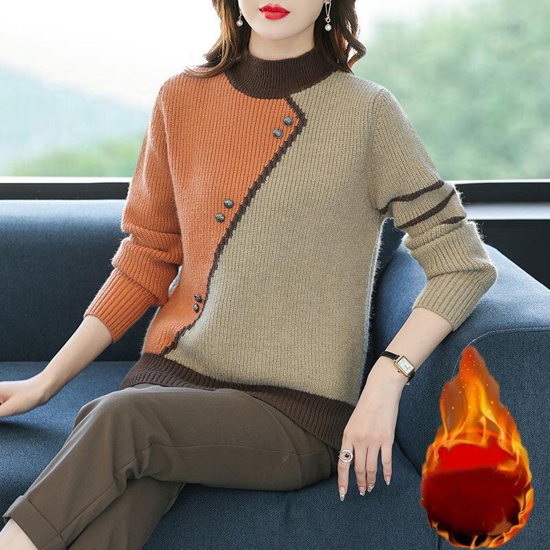 Autumn Winter Women's Sweater High Collar Knitted Button Splice Warm Casual Pullovers Outwear